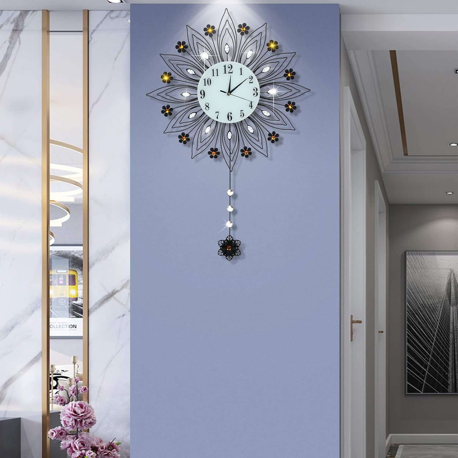 Large Pendulum Wall Clock,Non-Ticking Silent Quartz Metal Wall Clocks,Flower Fancy Wall Clocks for Living Room Decor