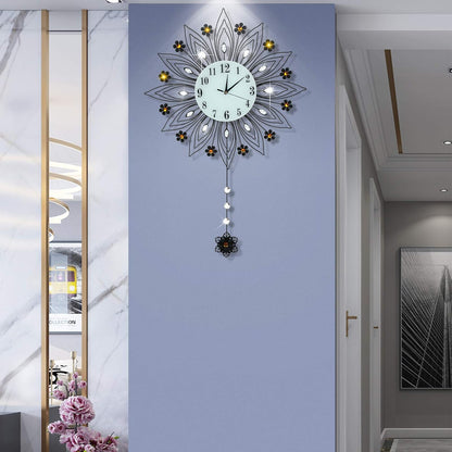 Large Pendulum Wall Clock,Non-Ticking Silent Quartz Metal Wall Clocks,Flower Fancy Wall Clocks for Living Room Decor