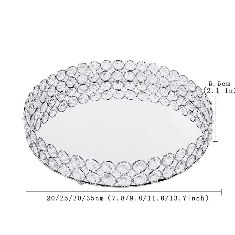 Crystal Decoratiive Mirror Tray round Plate Luxury Serving Tray Table Metal Makeup Storage Dishes Wedding Trinket Decoration