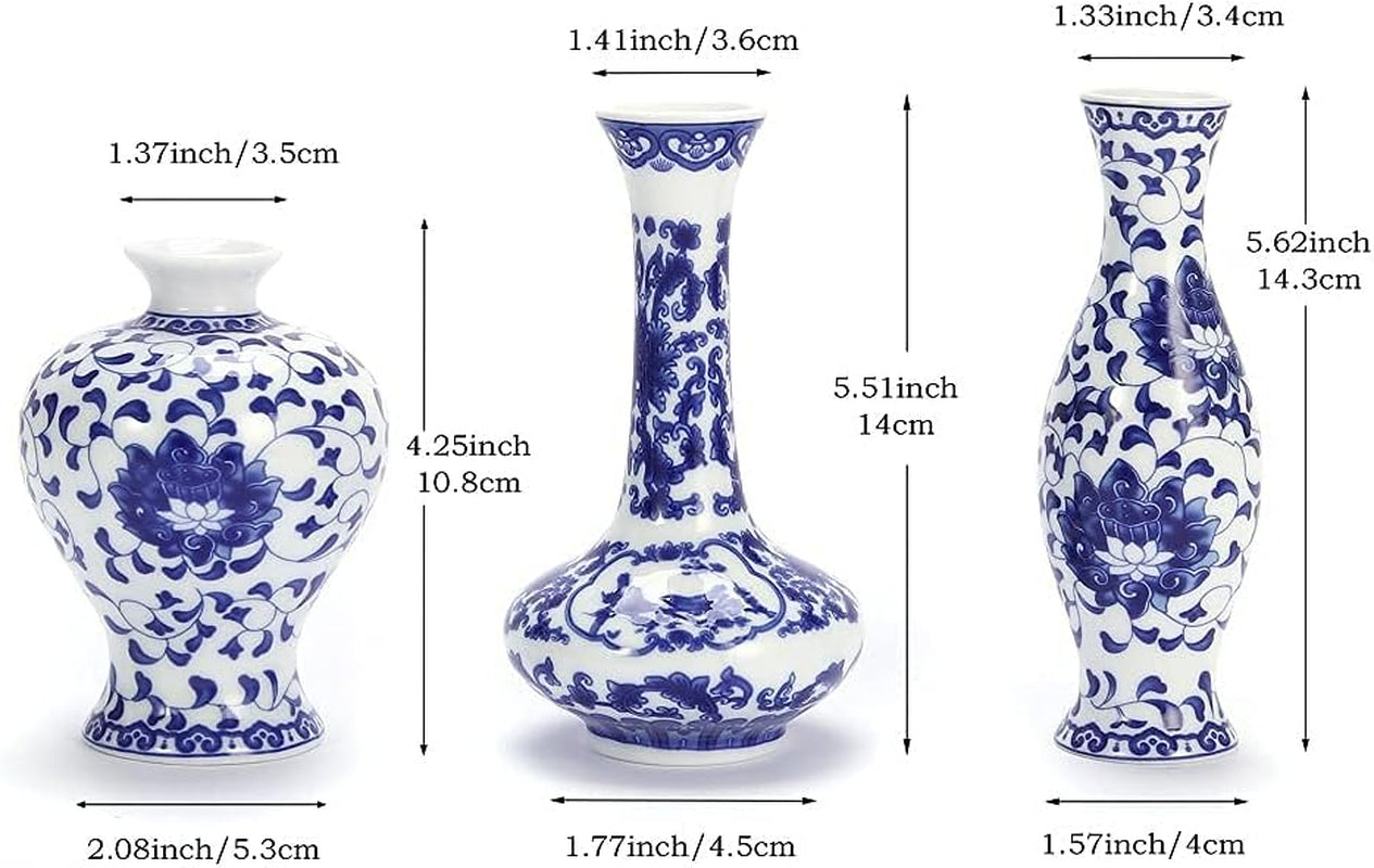 Small Blue and White Vase Classical Ceramic Vases Set of 3, Chinese Porcelain Vases with Art Flambed Glazed，Decorative Modern Floral Vase for Home Decor and Events (No.01)