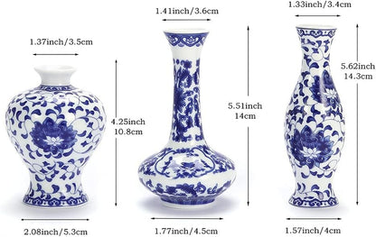 Small Blue and White Vase Classical Ceramic Vases Set of 3, Chinese Porcelain Vases with Art Flambed Glazed，Decorative Modern Floral Vase for Home Decor and Events (No.01)