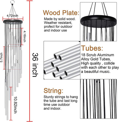 Wind Chime Outdoor Large Sliver Aluminium Tube Wind Chime Solid Wood and 18 Scrub Aluminum Alloy Gold Tubes Wind Chime 36’’ Large Sliver Wind Chime for Party, Garden, Decor, Gift Etc (Silver)