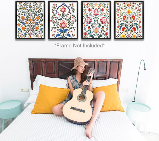 4PCS Indian Folk Flowers Wall Art Prints Artwork Paintings for Home Farmhouse Office Bathroom Gallery Bedroom Wall Decor (8X10 Inch，Unframed), Vintage Indian Painting for Women Girls Room Decor
