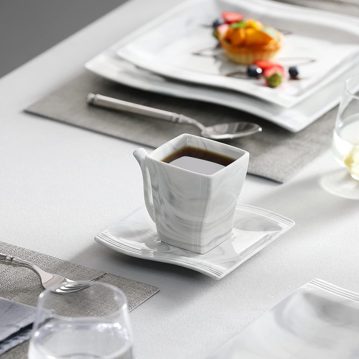 Plates and Bowls Sets, 30 Piece Porcelain Dinnerware Sets for 6, Square Dinnerware Set with Dinner Plate, Dessert Plate, Soup Plate, Cup and Saucer, Modern Dish Set, Marble Grey, Series Flora