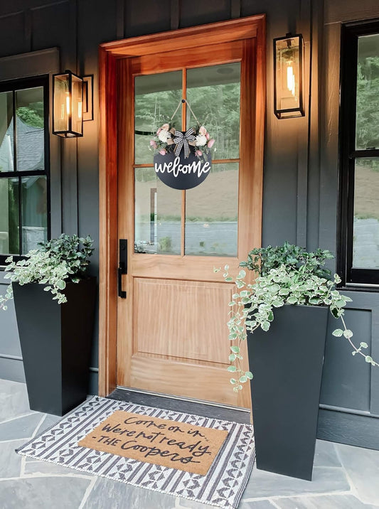 Welcome Sign for Front Door, Farmhouse Porch Décor Wooden Hanging round Sign 12" Black-Floral