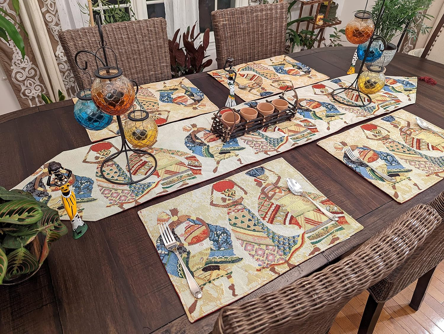 Elegant Tapestry Table Runner - Dancing Women Festive Celebrate Kwanzaa African Ethnic Culture - Multi-Colorful Cotton Linen Woven Kitchen Dining Mats - 13" X 54"