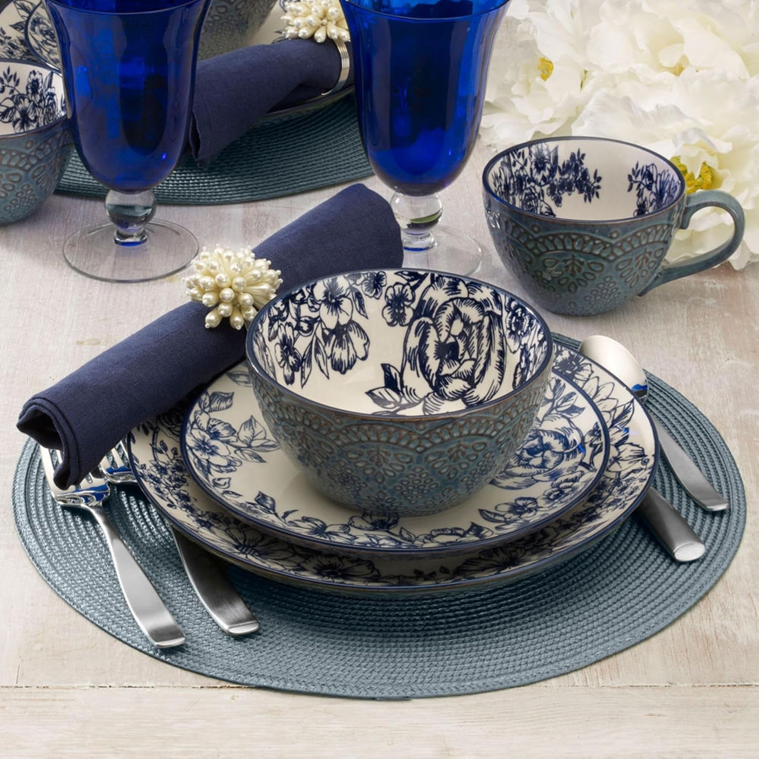 5216941 Gabriela Blue 16-Piece Dinnerware Set, Service for 4
