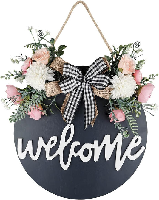 Welcome Sign for Front Door, Farmhouse Porch Décor Wooden Hanging round Sign 12" Black-Floral