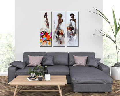 Art Framed African American Black Art Dancing Black Women in Dress Wall Art Painting on Canvas Pirnt Wall Picture for Home Accent Living Room Wall Decor (8 X 24 Inch, SET of ABC)…