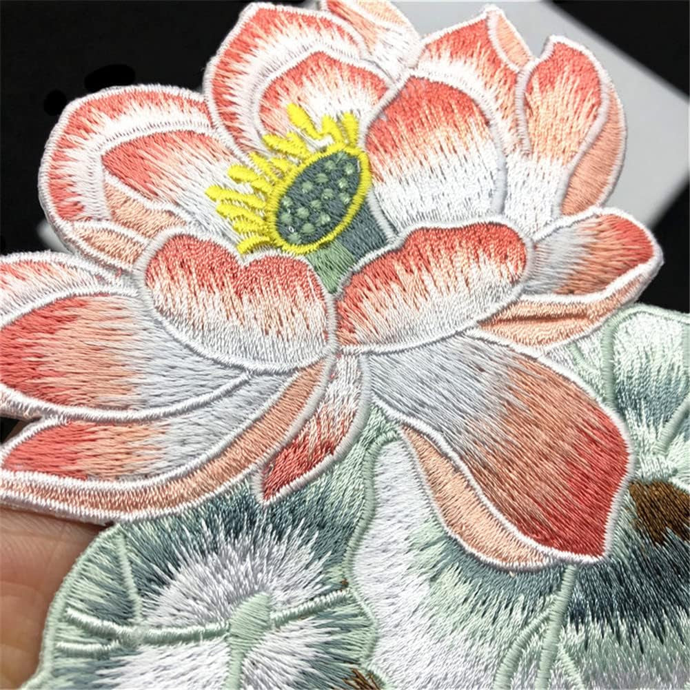 Lotus Embroidery Patch Iron on Beautiful Flower Stickers for Jacket Flight Suit T-Shirt Skirt Bag Decoration Embroidered DIY Patchwork Handmade Sew Garments Appliques, ZD03, PINK