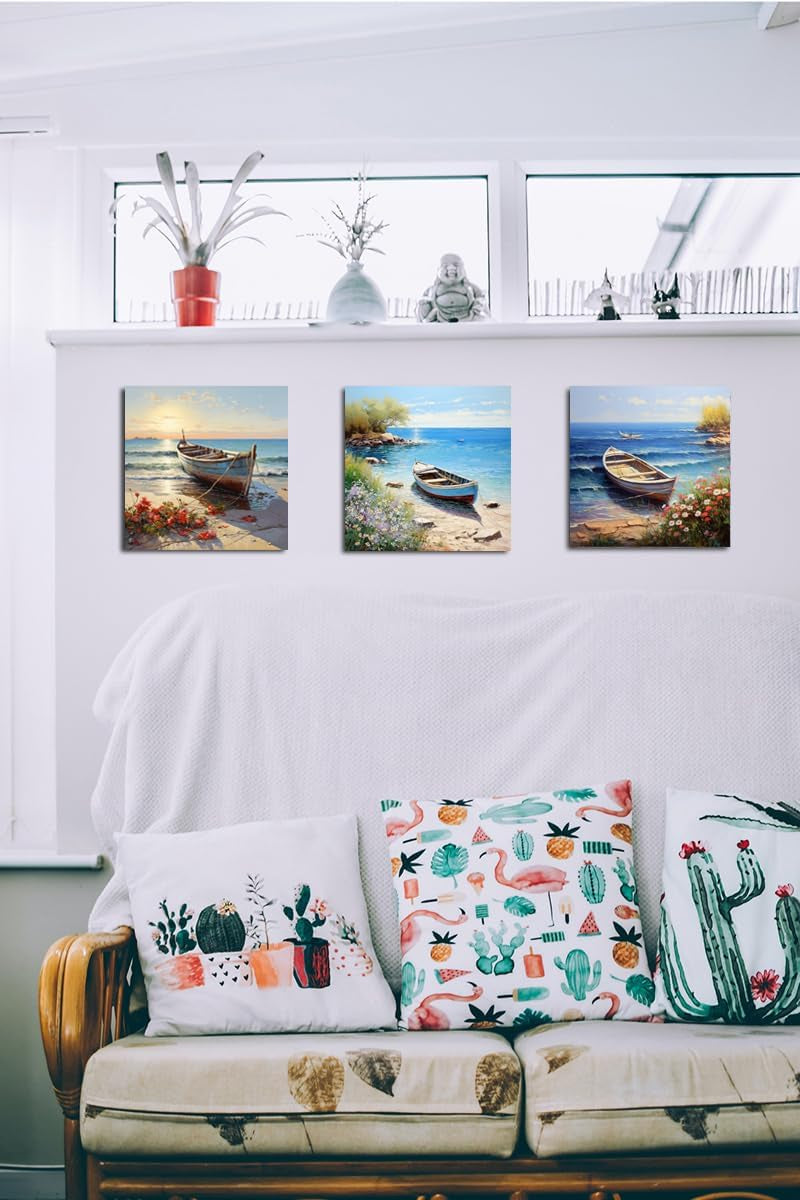 Boat Wall Art Coastal Bathroom Wall Decor Beach Framed Painting 12X12 Inch
