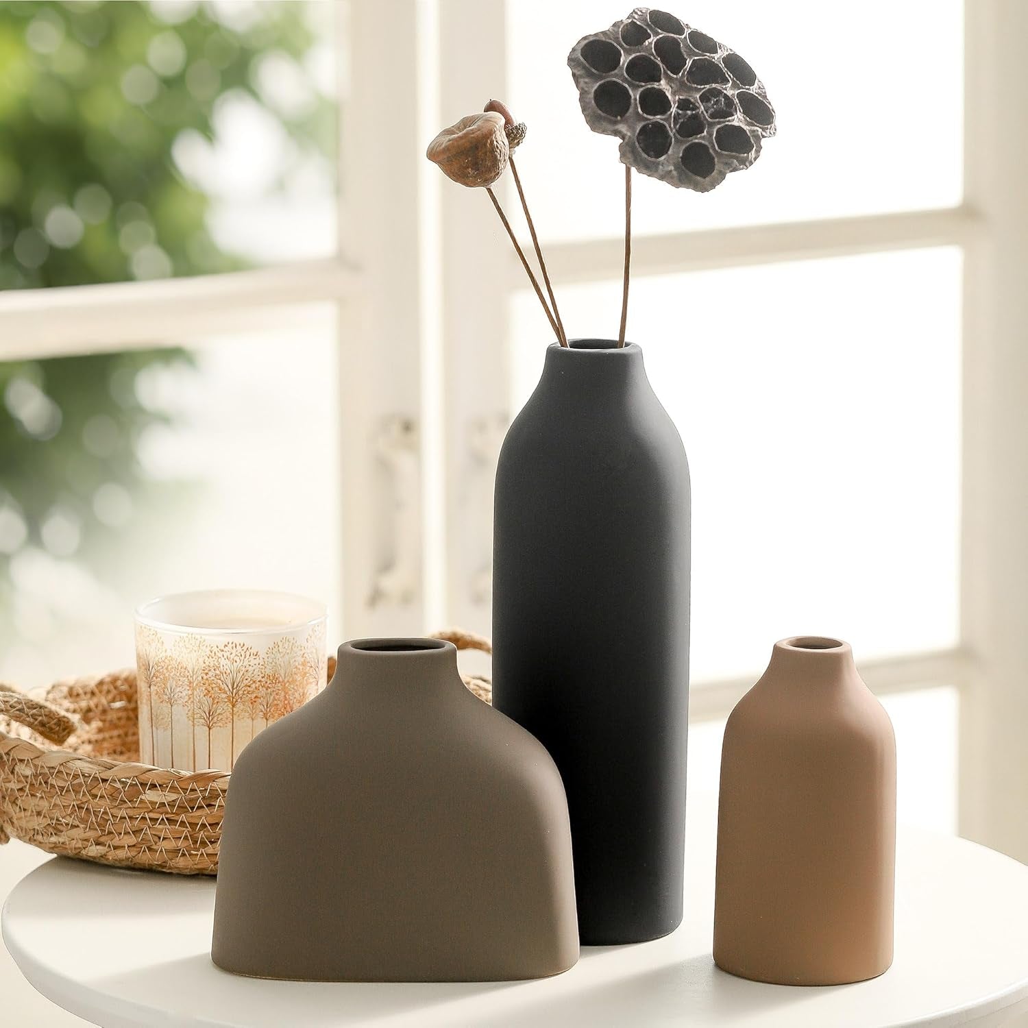 Elegant Ceramic Vase Set of 3 - Modern Farmhouse Home Decor for Fresh & Dried Flowers, Perfect for Bedroom, Living Room, Bookshelves, and Centerpieces - Boho Chic Decoration