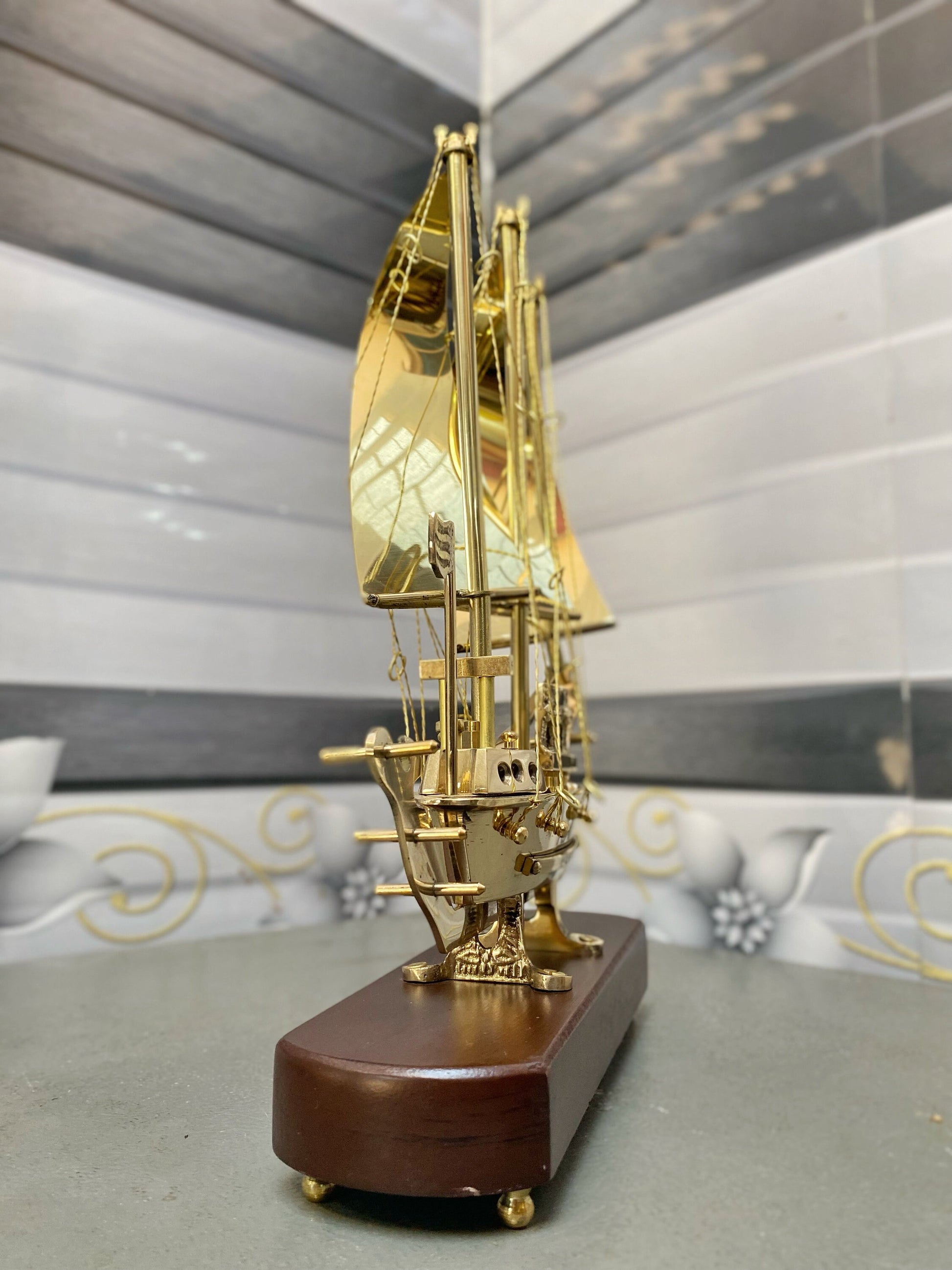 Brass Ship Decorative Showpiece I with Wooden Base I Fully Brass Maritime Majesty: Handcrafted Ship I Home Decor, Christmas Gift,