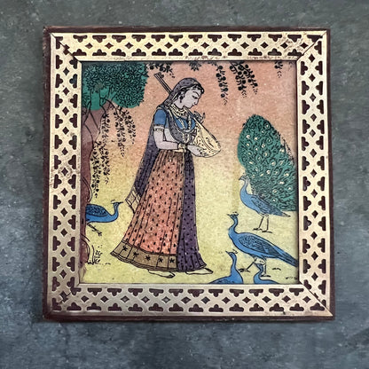 Rajput Princess Bani Thani Wooden Gemstone Coaster Set Small Brass Framed Indian Rajasthani Art Coaster Set of 6 Glass Cover Velvet Lined