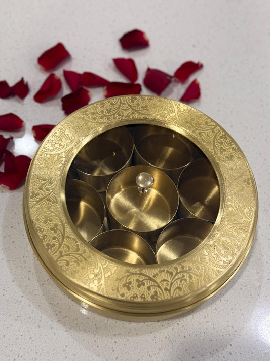 Mughal-Style Brass Masala Box | Handmade Brass Spice Organizer | Elegant Indian Nepali Spice Storage