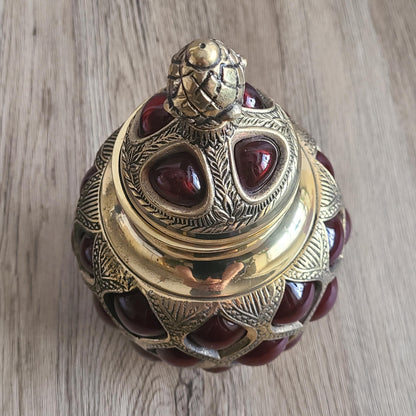 Brass & Expanded Ruby Glass Decorative Urn W/ Finial Lid